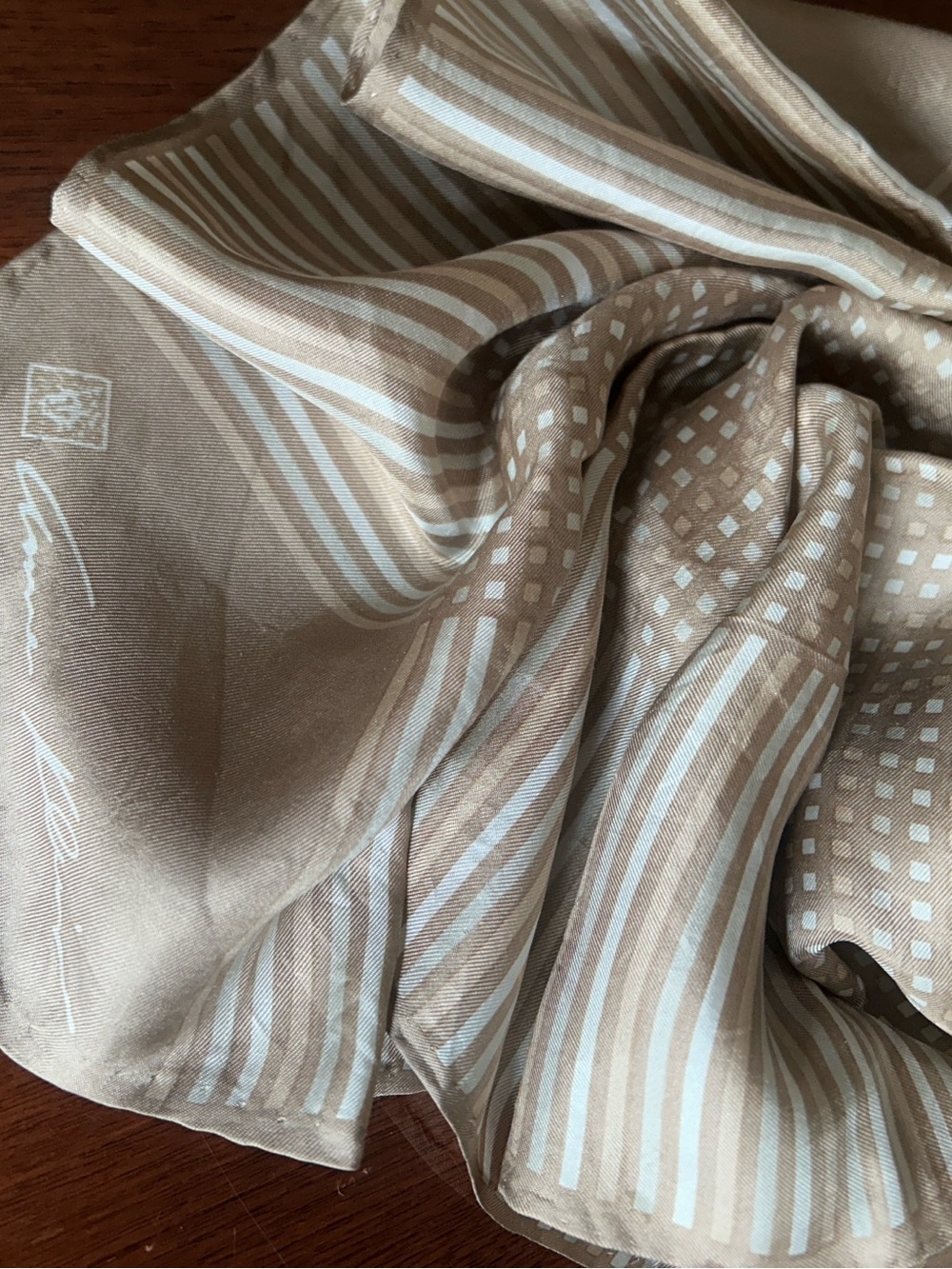 Anne Klein Beige and White Striped Silk Scarf 21“ x 21“